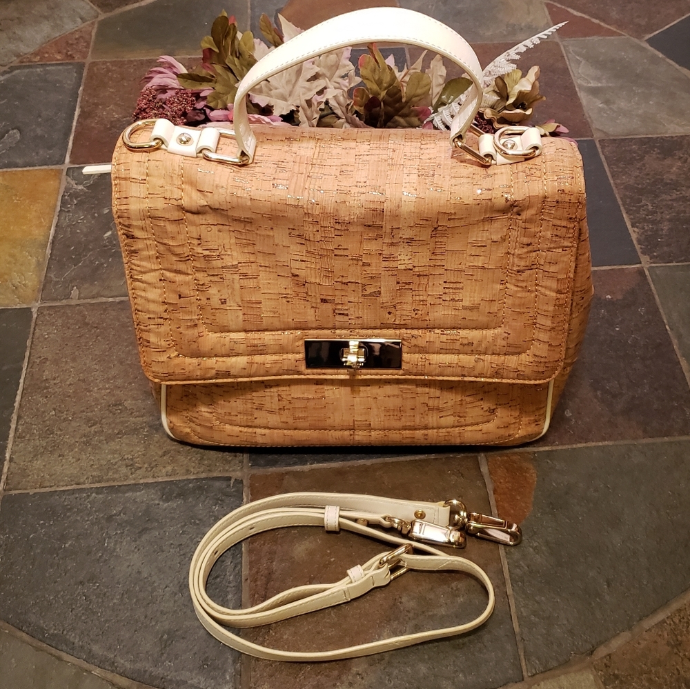 Kate Spade Twist Lock Cork Fabric and Leather Shoulder Crossbody Bag